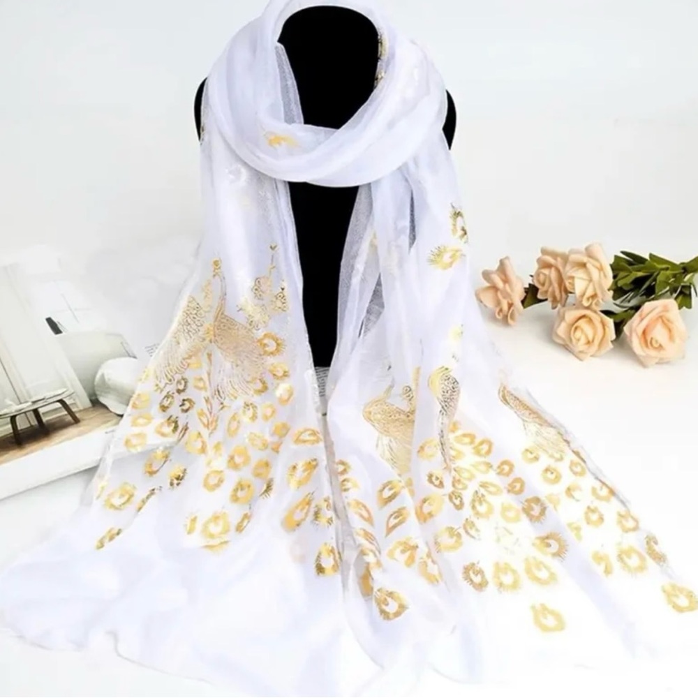 Chic White and Gold Peacock Scarf
